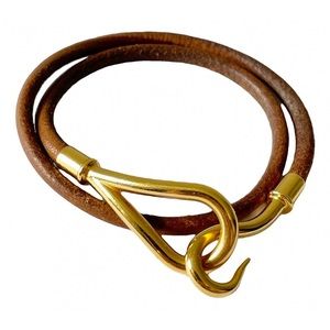 Hermes brown leather gold hook double wrap bracelet